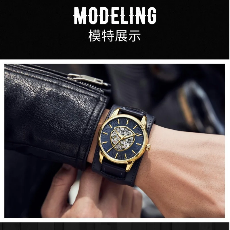 Men's Automatic Mechanical Watch Commander Series 43mm Dial Hollowed Out Movement with Luminous Leather Strap 3ATM