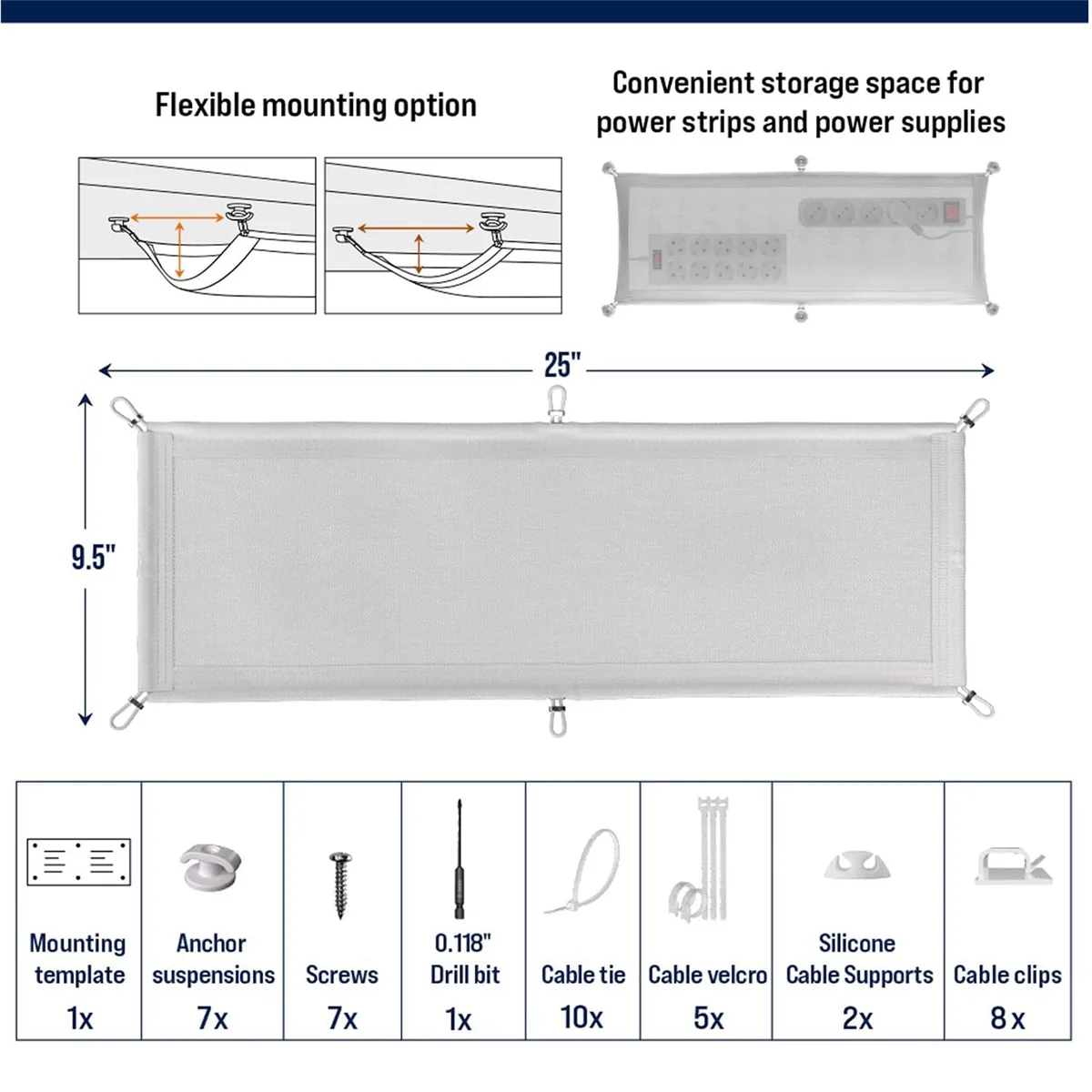 Cable Management Net - Under Desk Wire Management - Flexible Under Desk Cable Management Tray White A