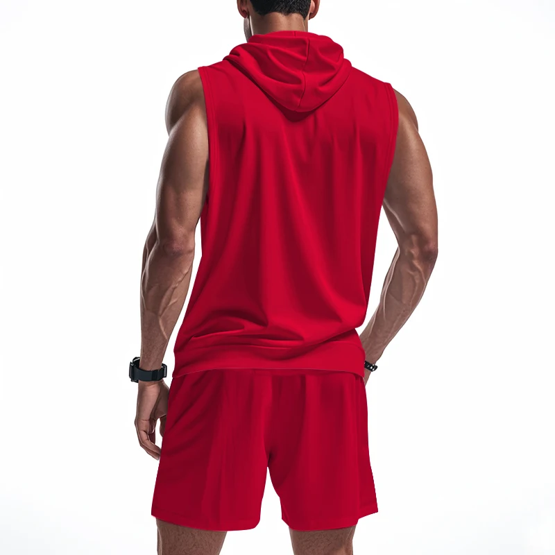 Men's Suit Sleeveless Hoodie Two-Piece Set | Fitness Training Zipper Hoodie Vest & Loose Drawstring Shorts Set (Multiple Colors) view 3