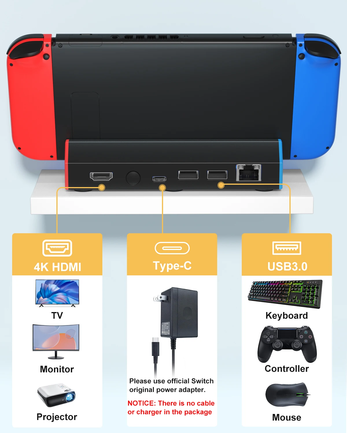 Stacja dokująca do przełącznika Nintendo / przełącznika OLED, wymiana stacji dokującej Switch do telewizora z adapterem 4K HDMI / portem typu C / USB