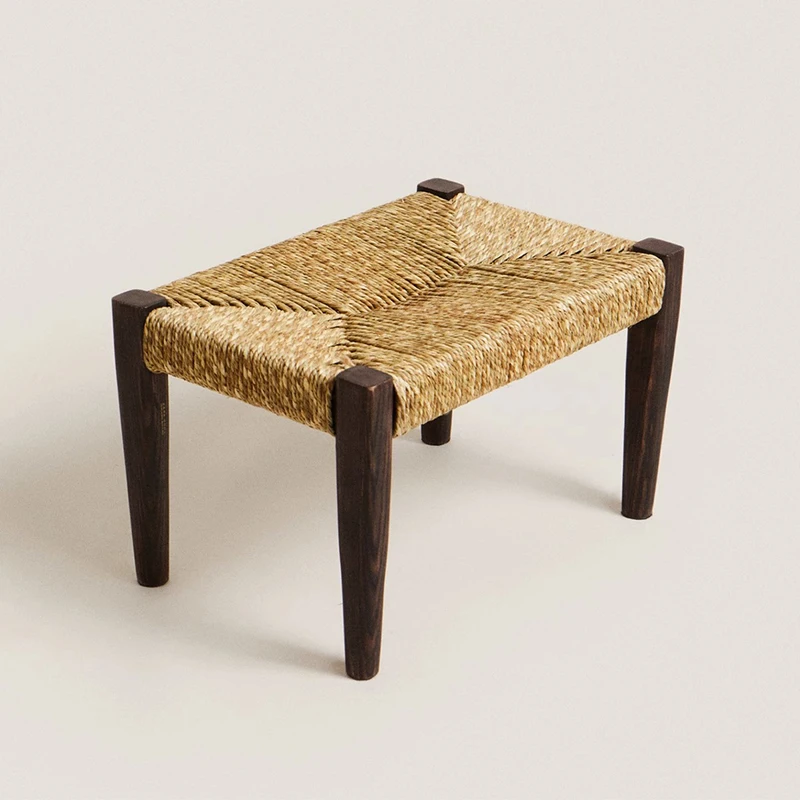 Retro Grass Woven Stool, Small Side Seat for Living Room, Entryway Shoe Bench