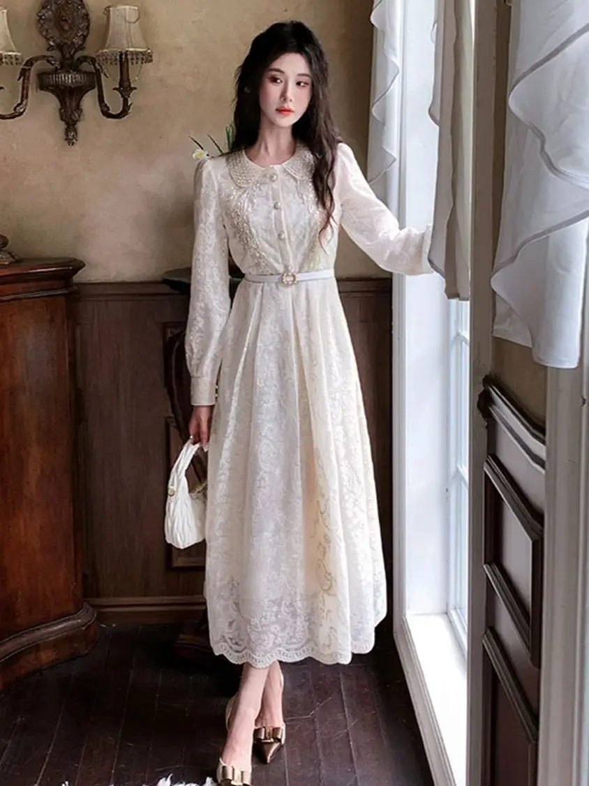 

Осеннее тонкое кружевное платье миди трапециевидной формы с длинными рукавами и вышивкой бисером, элегантное вечернее платье для женщин