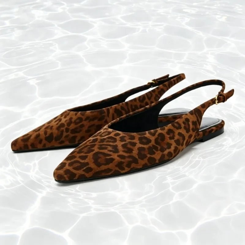 

Luxury Designer Leopard Print Flat Sandals Women Sexy Pointed Toe Back Strap Buckle Flats Lightweight Comfortable Women Shoes