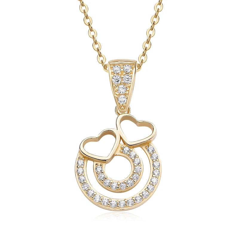 Raprgold 14K Solid Gold Cubic Zirconia Heart Pendant with 925 Silver Link Chain 20'' Necklace With Double Rings And Hearts