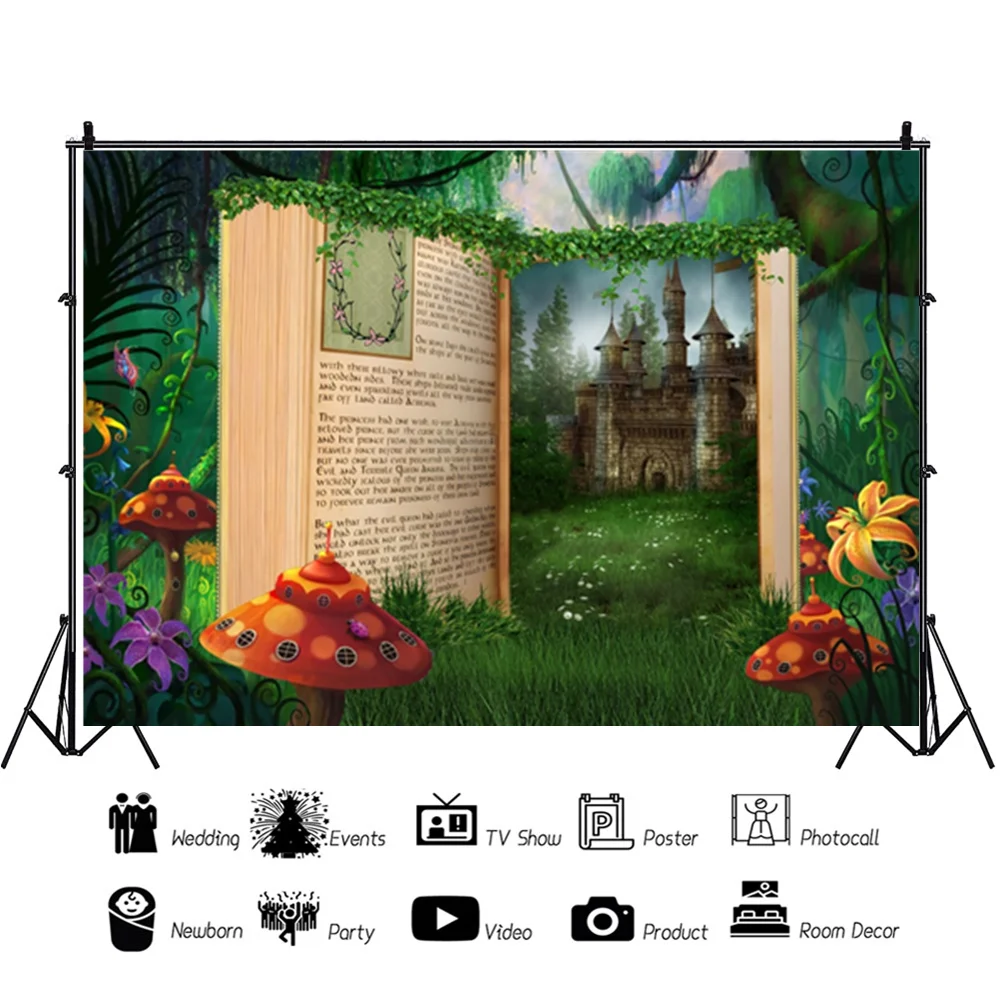 Birthday Backdrop for Girls Fairy Tale Books Photography Background Once Upon A Time Castle Birthday Party Decoration