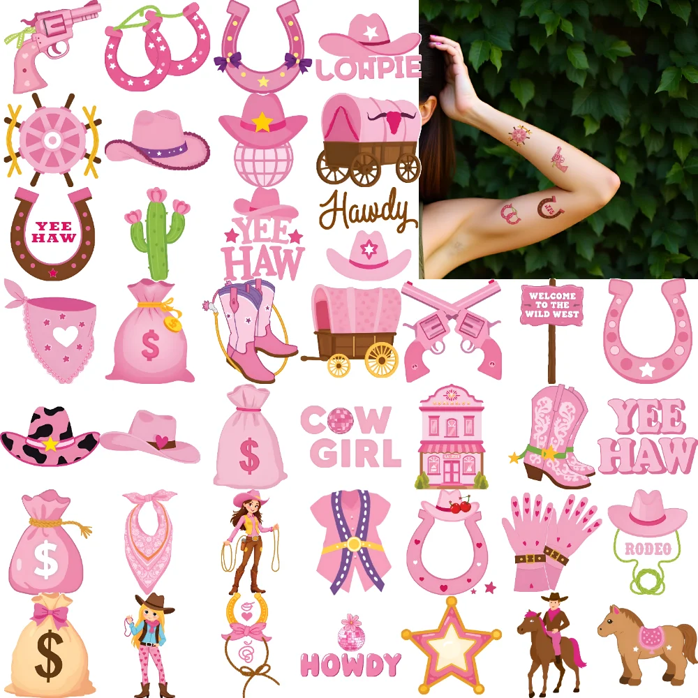 

63pcs Temporary Tattoo Horse Cartoon Rose Cowgirl Temporary Tattoo Stickers Hat For Women Men Boys