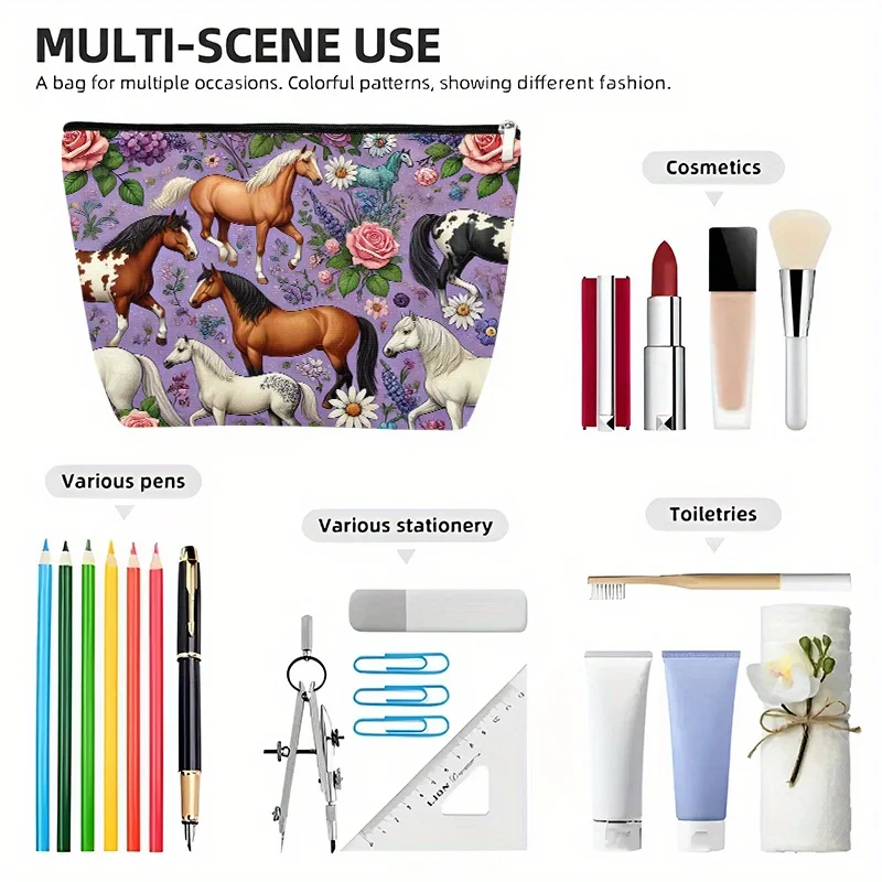 Un beau sac de maquillage cheval et fleur – jolie pochette multifonctionnelle à fermeture éclair pour femmes, sac de rangement de bijoux