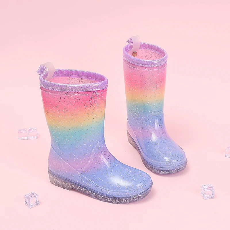 

Four Seasons Kids Girls Rainbow Glitter Rain Boots Waterproof Non-Slip Sole Pull Tab Outdoor School Daily Casual Rain Shoes