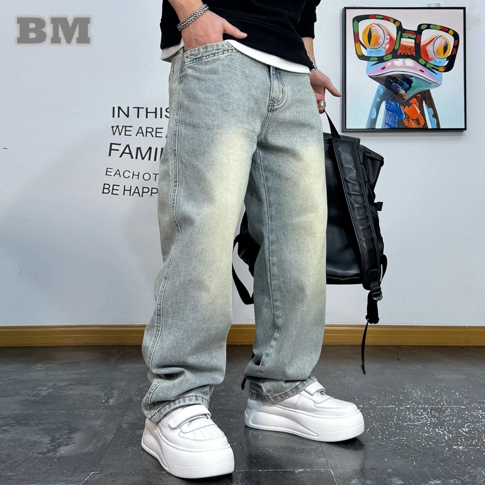 

Japanese Streetwear Yellow Mud Dyed Straight Leg Jeans Men Fashion Denim Cargo Pants Male Korean Trendy Distressed Trousers