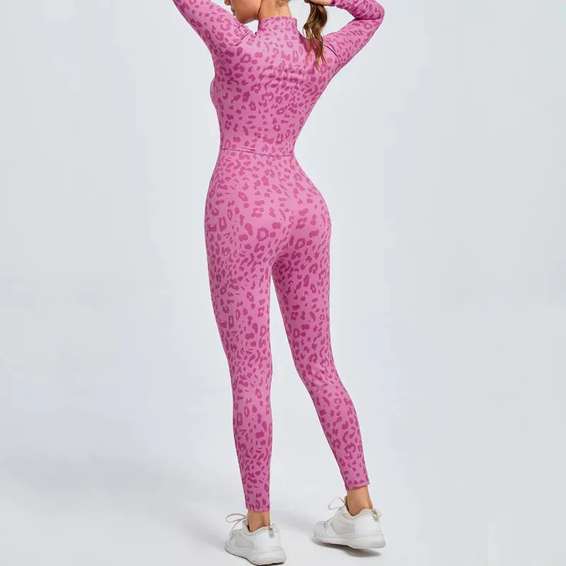 HELLOMARCEL Top Quality EU US Size Zipper Long Sleeve Yoga Jumpsuit for Women Leopard Print Fitness Dance Training Bodysuit