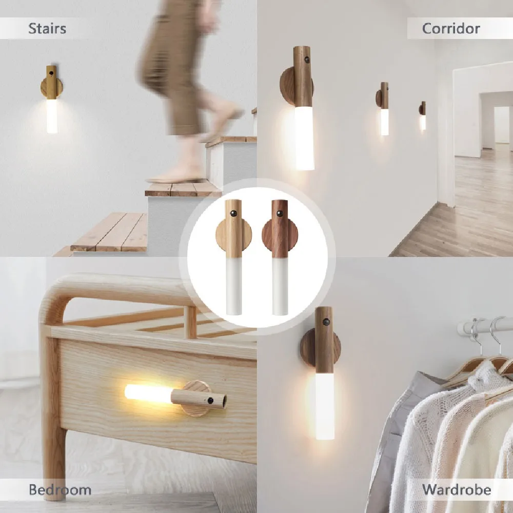 Luz LED con Sensor de movimiento de grano de madera de imitación, lámpara de pared de inducción de pasillo recargable por USB, luz nocturna