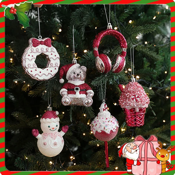 

Red Sticky Powder Cake Bear Snowman 3D Lollipop Christmas Hanging Ornament Sparkling Plastic Pendant for Tree Window Wall Decor