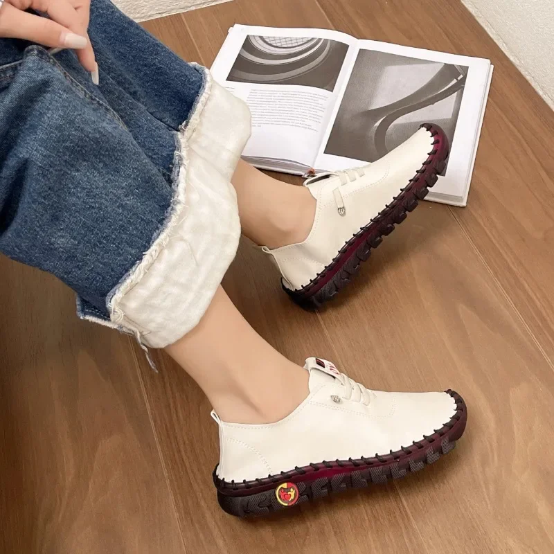 

Women's Sneakers 2024 New Casual Platform Loafers Lace Up Leather Flats Slip-On Mom Flats Spring Autumn Adult Basic Rubber Shoes