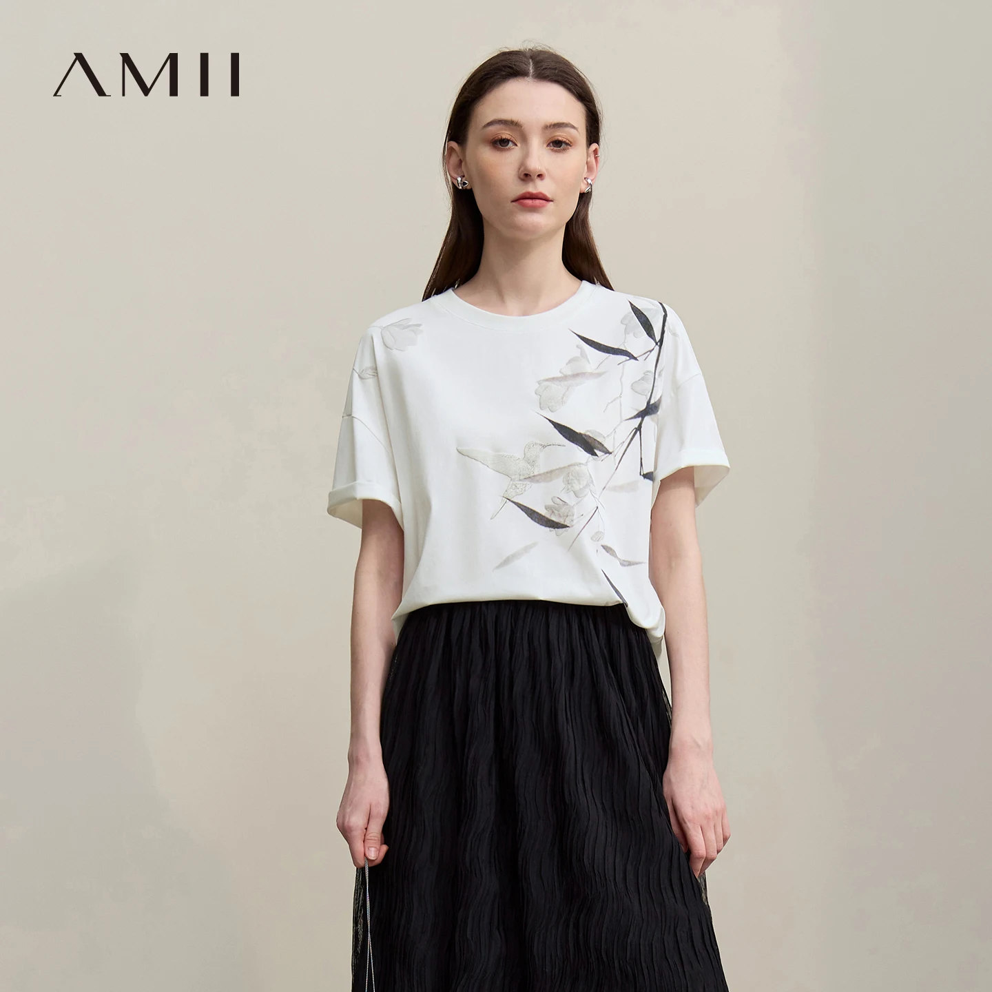 Amii Women's T-Shirt 2026 Summer New Chinese Print O-Neck Drop Shoulder Stretch Tops Cotton Loose Fit Short Sleeve Tee 12652009
