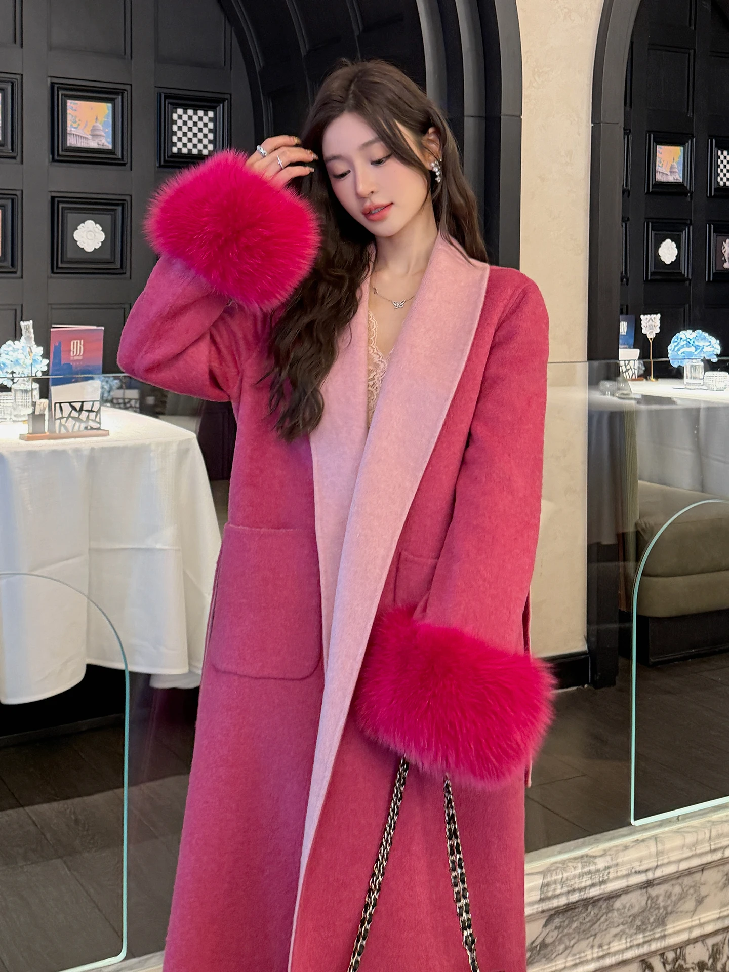 

2025 New Pink Double-Faced Camere Woolen Coat Women's Mid-Length Slim Fit Outerwear Korean Sle Commute Faion