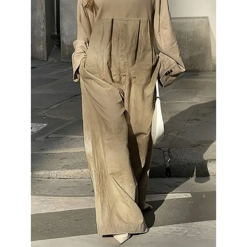 بدلة قفز نسائية طويلة من القطن والمشمش لخريف وشتاء 2025 غير رسمية بياقة دائرية وأكمام طويلة بطيات قطعة واحدة 178973 #4