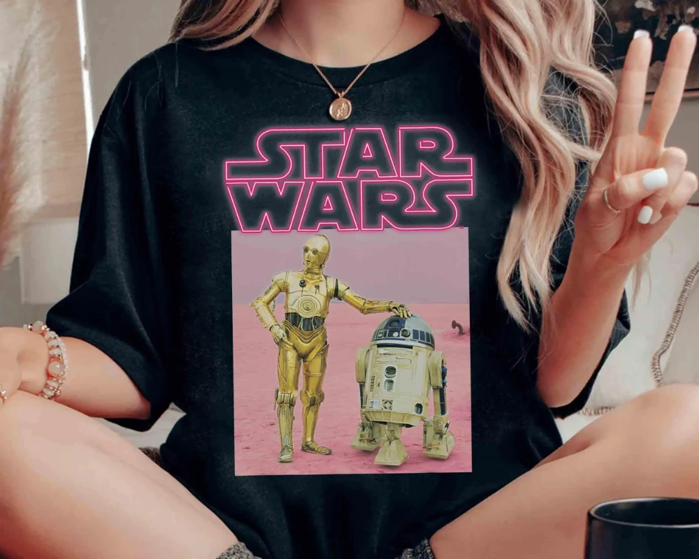 Divertido star wars robô R2-D2 C-3PO rosa néon título retrato camiseta toda a temporada puro algodão unisex casal camada base camisa