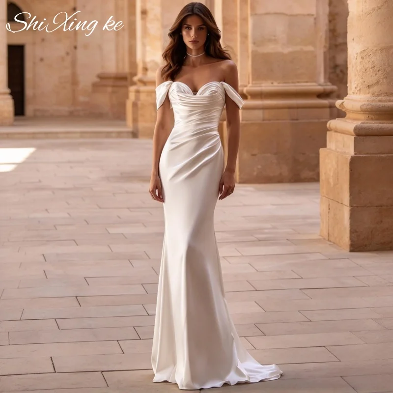 Off Shoulder Sweetheart Wedding Dress Satin Mermaid Bow Bridal Gown Vestidos De Novia Customized