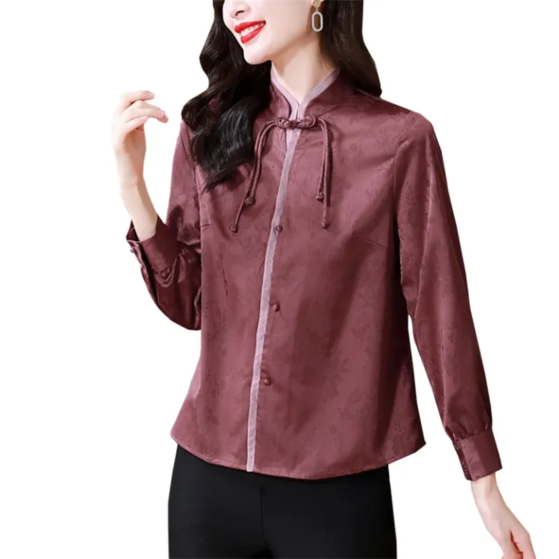 National Style Blouses Women Shirt Luxury Texture Top Satin Jacquard Standing Collar Blous Retro Button Up Shirt Chinese Blouses