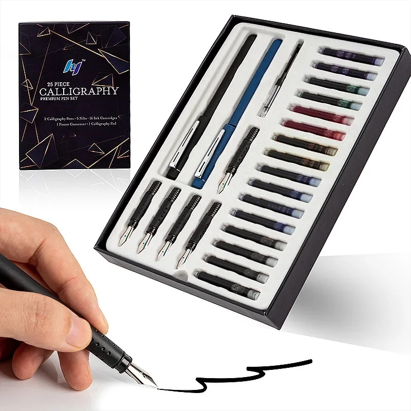 

35/25 PCS Calligraphy Pen Writing Set 2 Fountain Pens 5 Nibs 16 Ink Cartridges for Art Gothic Flower Font English Sketch Drawing