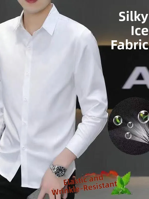 

Premium Color White Silk Ice Men's Long Sve irt Thin Busin Casual Spring Anti-Wrinkle Elastic Non-Ironed Busin