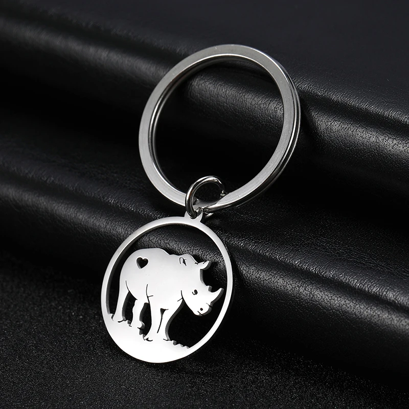 Lovely Animal Dog Rhinoceros Pendant Keychain for Women Simple Stainless Steel Silver Color Keychain Fashion Jewelry Gift