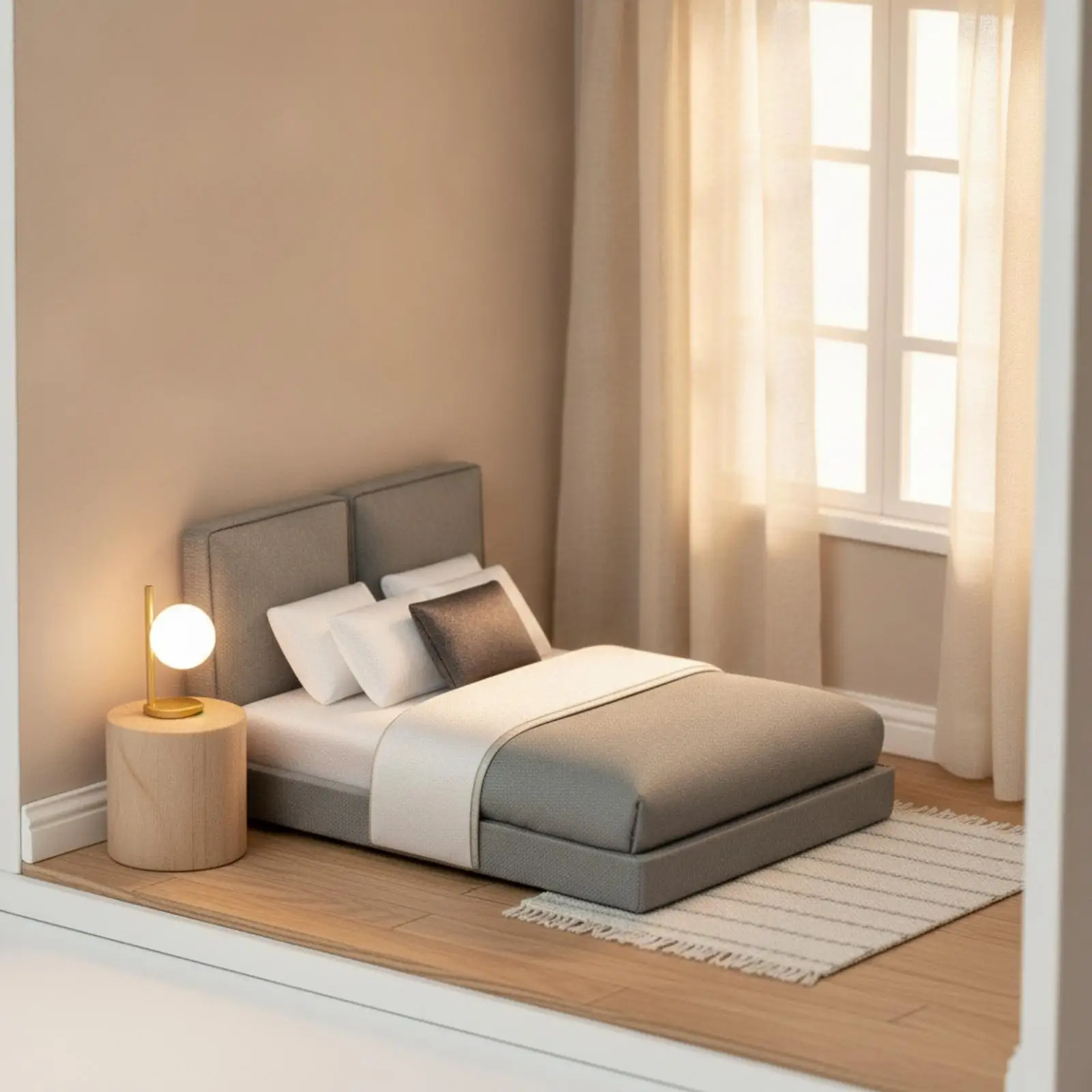 Upholstered Miniature Double Bed | Miniature Bed with Bedding, for Architectural Display