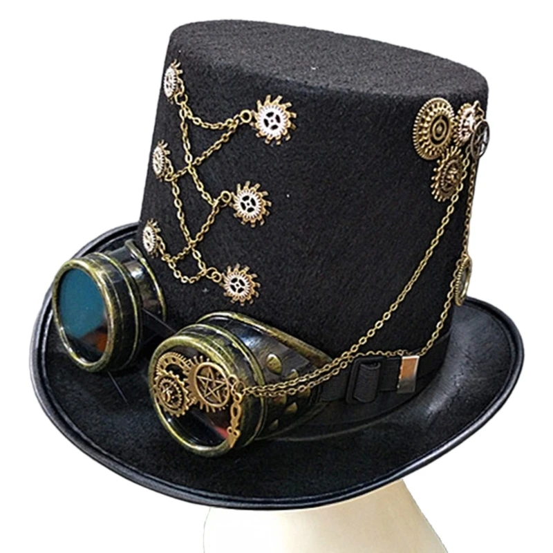 

Steampunk Top Hat with Goggles Halloween Metal Gear Decor Hat Gothic Cosplay Magician Hat Unisex Jazzs Hat