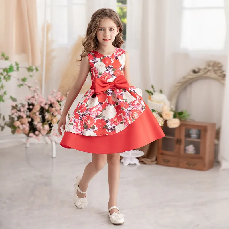 2-8 Years Red Little Girl's Floral Dresses Bow Puffy Two Layers Ball Kid Vestidos 2 3 4 5 6 7 8 Years Old Kids Clothes OGF244432