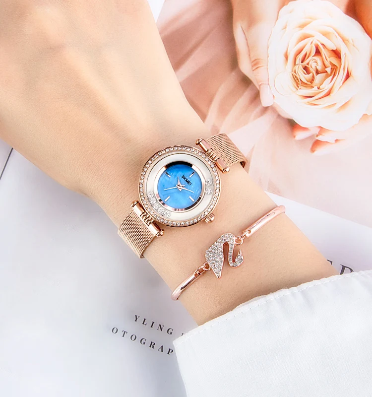SKMEI ชุดนาฬิกาผู้หญิงเพชรที่มีสไตล์ประดับพลอยเทียมหรูหราหน้าปัดมุกเรียบง่ายละเอียดอ่อนแผ่นควอตซ์1785
