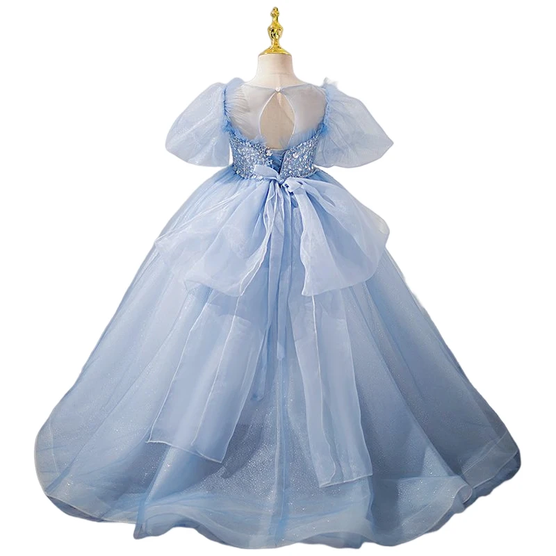 Robe de mariée princesse en tulle bleu perlé pour enfants, robe de performance de reconstitution historique, anniversaire élégant, carnaval, filles de 2 à 12 ans