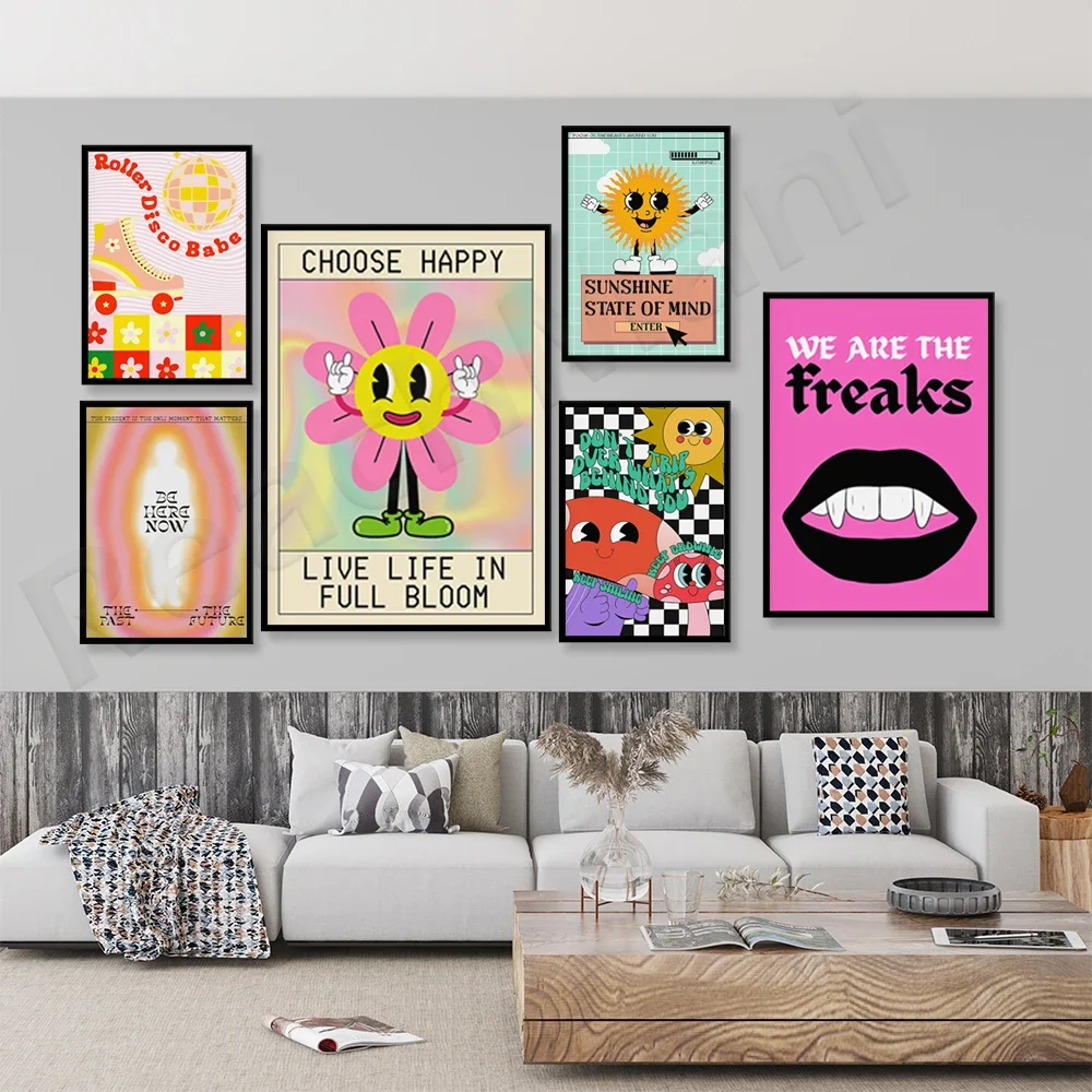 Colorful retro mascot, sunny mindset, positivity, disco, female vampire, soft gradient floral positive quote aesthetic poster