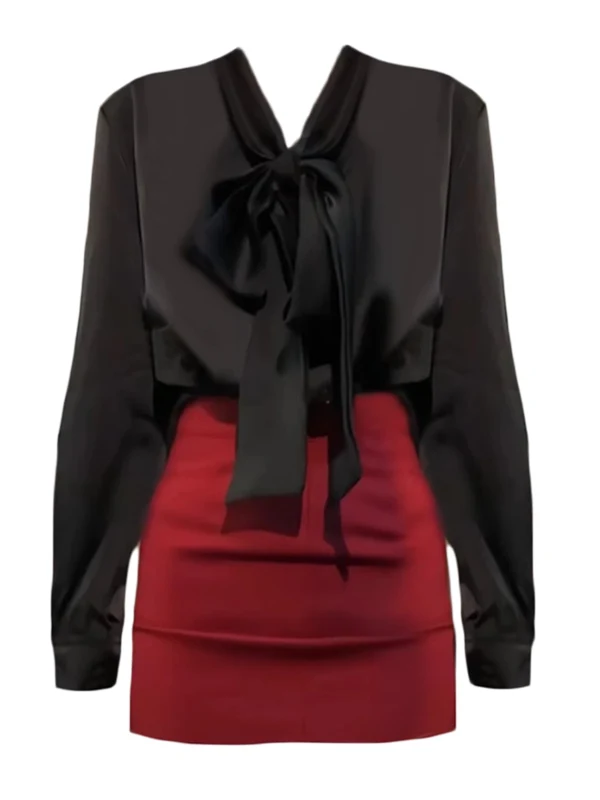 

Комплект из двух предметов: приталенная блузка с длинным рукавом и юбка А-силуэта для женщин больших размеров, с французским узлом, весенняя мода