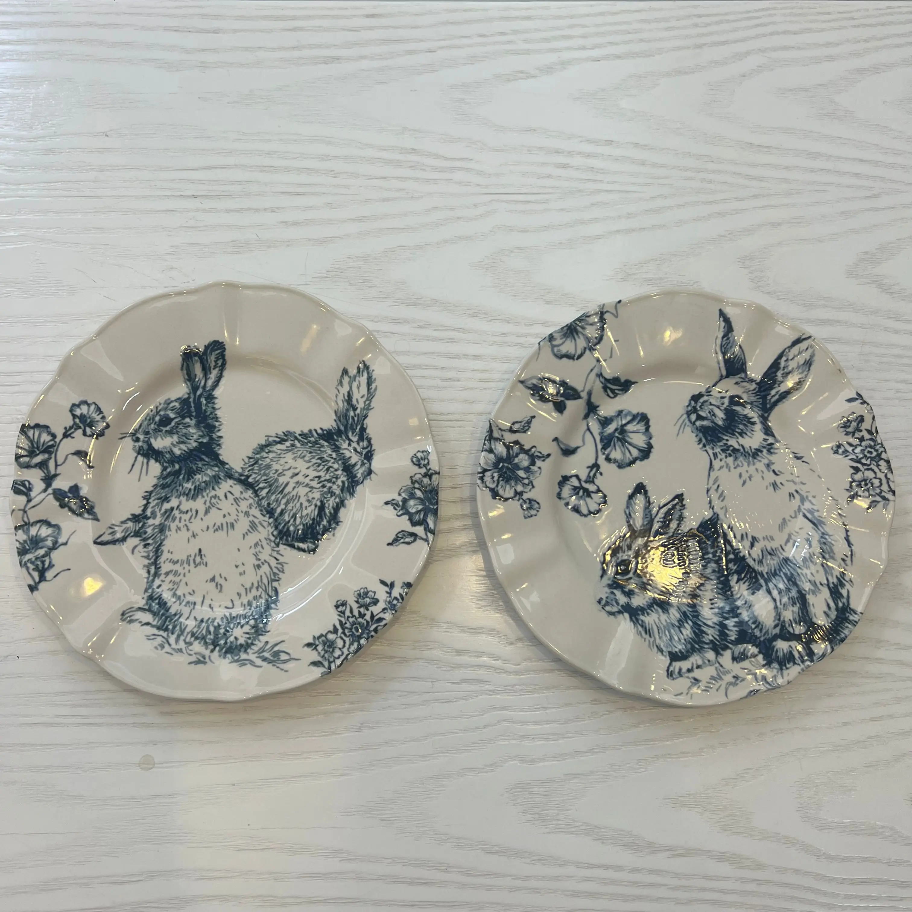 Nordic Retro Cute Cartoon Blue Rabbit Dim Sum Plate Glazed Dinner Plate