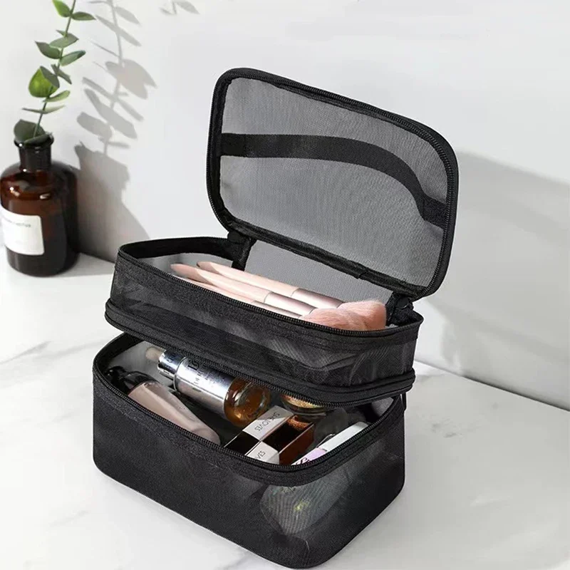 Pink Double Layer Mesh Cosmetic Bag Women Portable Make Up Case Big Capacity Travel Zipper Makeup Organizer Toiletry Storage Box