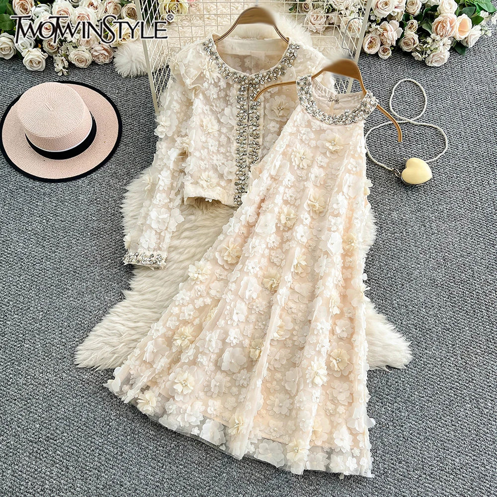 

TWOTWINSTYLE милые однотонные комплекты из двух предметов для женщин, пальто с круглым вырезом и длинными рукавами, платье без рукавов, милый комплект, женская мода KSE549944