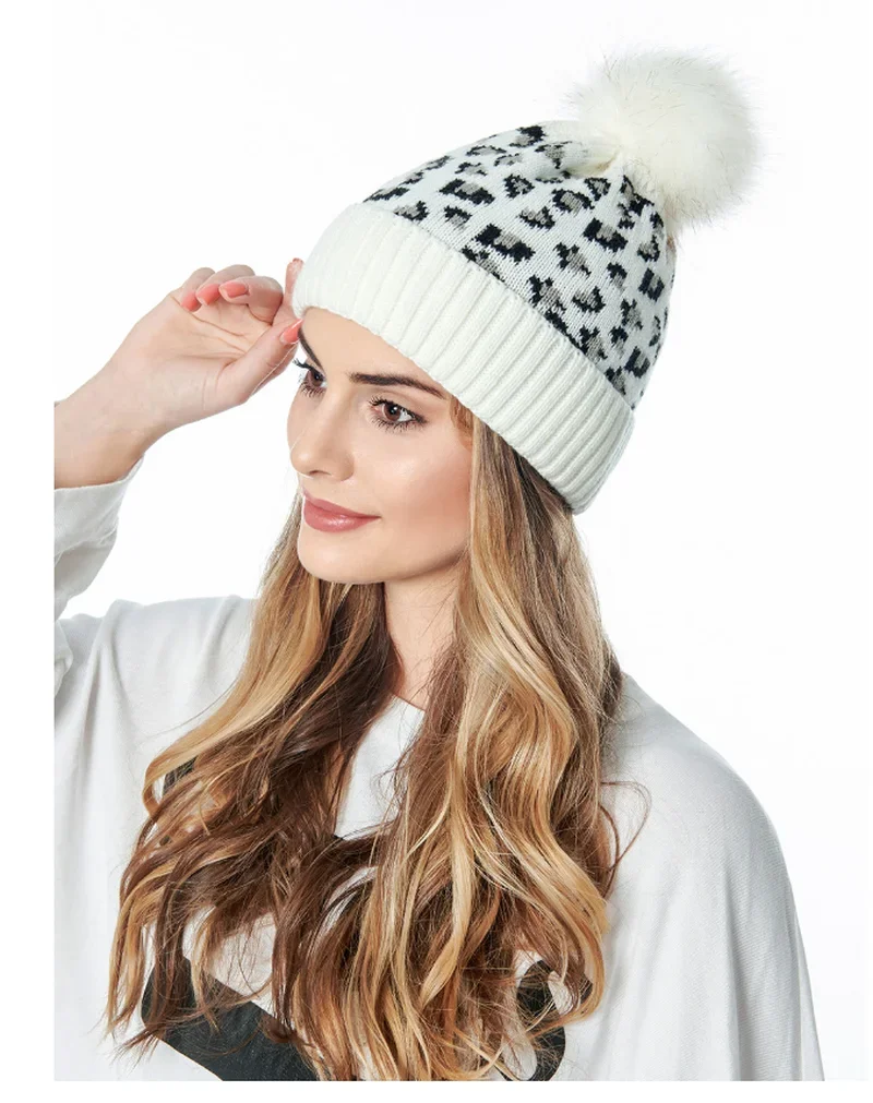 Leopard Print Wool Knitted Hat for Women Autumn Winter Fashion Warmth Oversized Hair Ball Fashion Thick Warm Beanie Hat Pompom