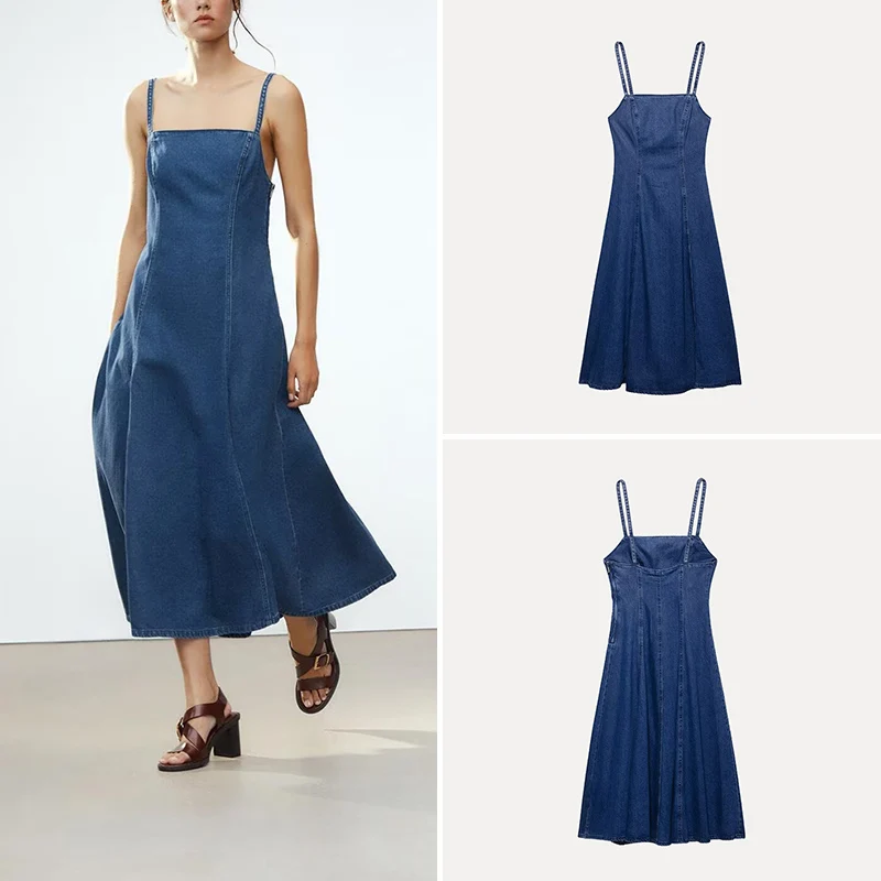 

Весна 2025: Новое модное женское джинсовое платье миди без рукавов из 100% полиэстера, бренд Z