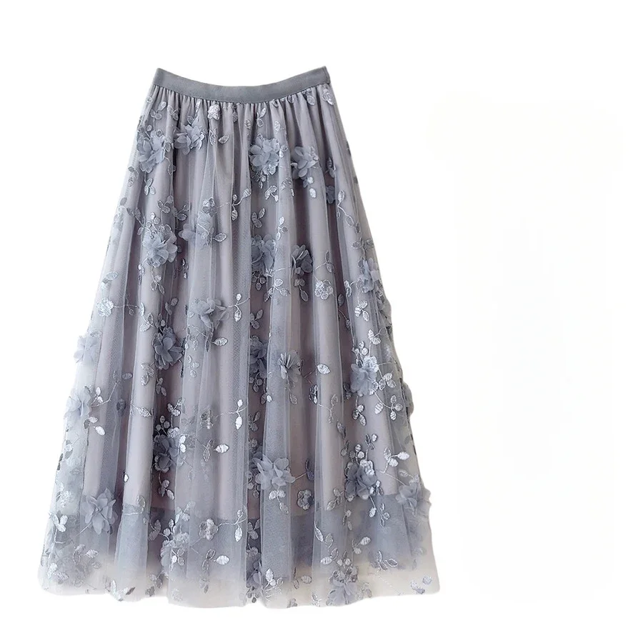 الجديد في ألف خط ارتفاع الخصر التطريز ثلاثية الأبعاد زهرة تول ميدي تنورة المرأة الربيع الصيف الوردي شيك أنيقة شبكة حفلة تنورة طويلة
