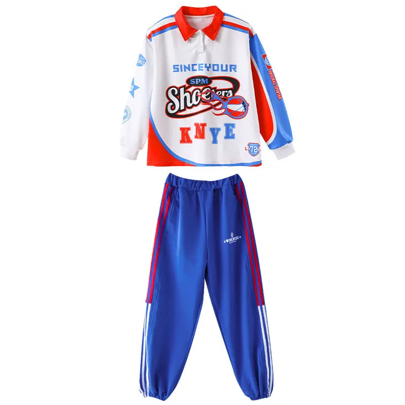 Boys Street Dance Streetwear White Sweatshirt Girls Hip Hop Clothes Sets Kids Jazz Blue Pants Outfits Costume