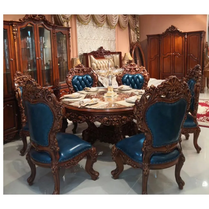 Deluxe dining table and chair combination,  carved American classical style 1.5 meters round European luxury dining table