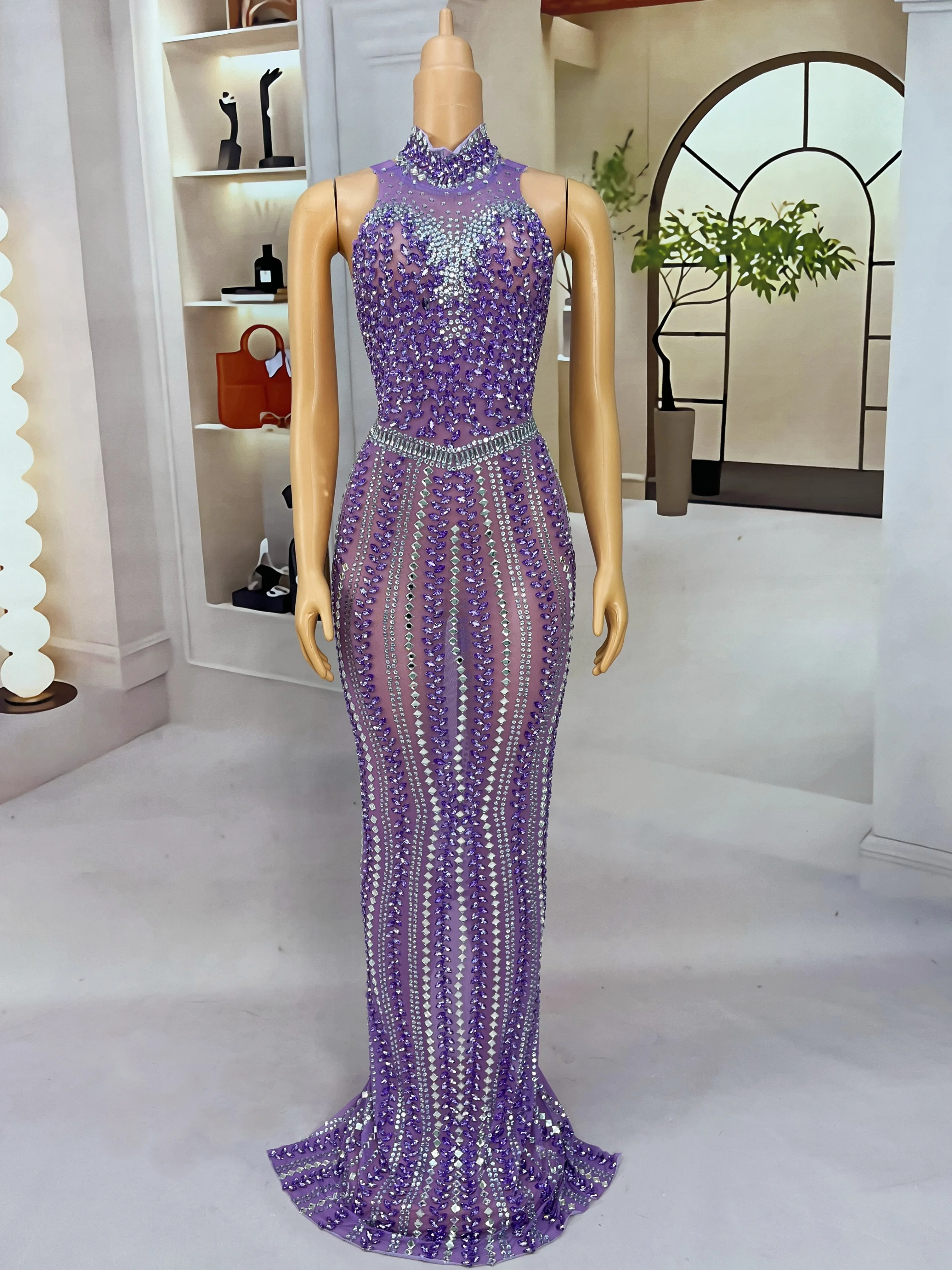 Vestido de noche morado elegante para mujer, vestido largo sexi de malla transparente con diamantes de imitación brillantes, traje de fiesta de graduación, disfraz de alfombra roja Zizi