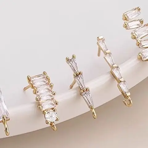 14K Gold-Plated T-Shaped Zirconium Straight-Line Hanging Ear Stud Irregularly Rectangular Zircon 925 Silver Needle DIY Earrings