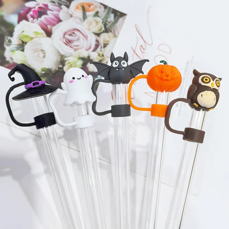 1 Set Halloween Straw Cover Cap for Stanley Cup Silicone Straws Topper for 10mm Straw Dust-Proof Reusable Straw Tips for Tumbler