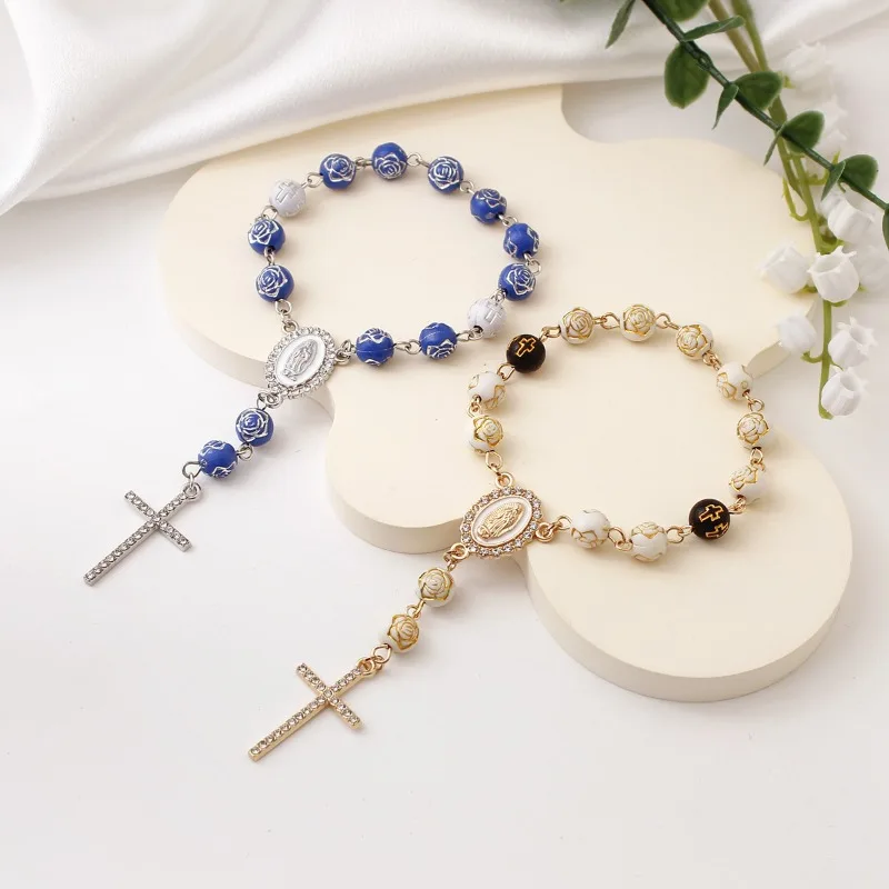 2Pcs Rose Bead Cross Bracelet, Mary Mother Of God Holding Rosary Bracelet Keychain Car Rearview Mirror Backpack Accessories Home