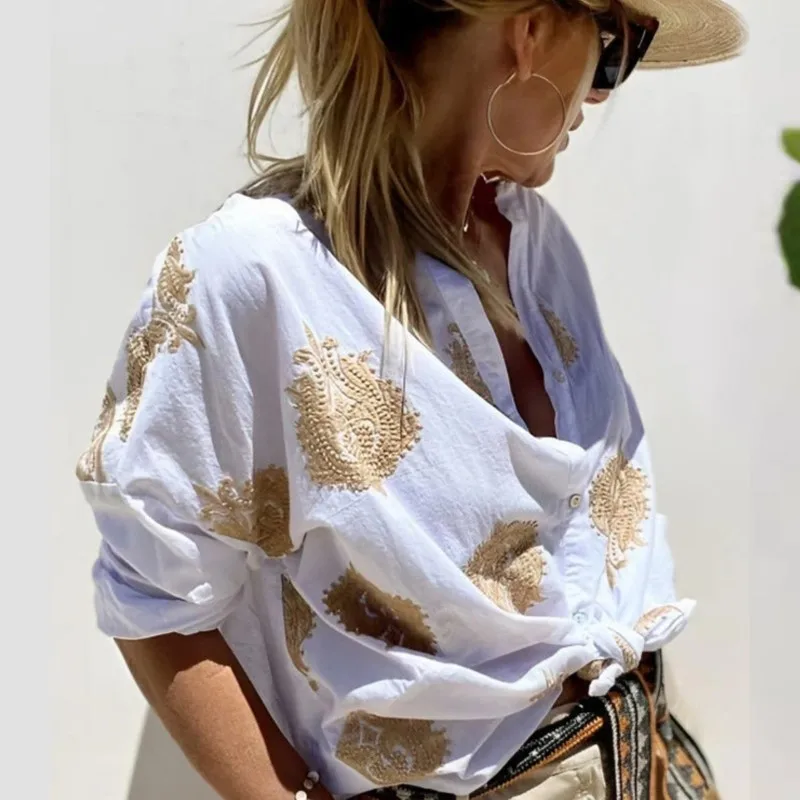 

Fashion Print Casual Shirts For Women Loose Long Sleeve Lapel Buttons Tops Female Spring Autumn Elegant Office Lady Work Shirt