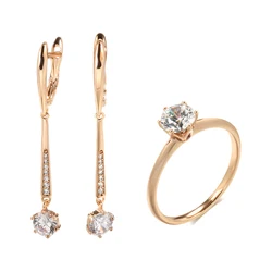 Kinel New 585 Rose Gold Women Long Earrings Ring Sets Round White Natural Zircon Luxury Fine Gift Casual Fashion Jewelry Sets