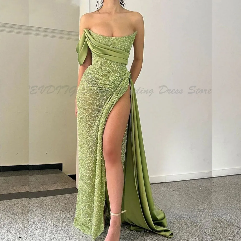 

Elegant Green Evening Dress Strapless A Line Sleeveless Floor Length High Quality Customized Special Occasion Prom Banquet Gowns