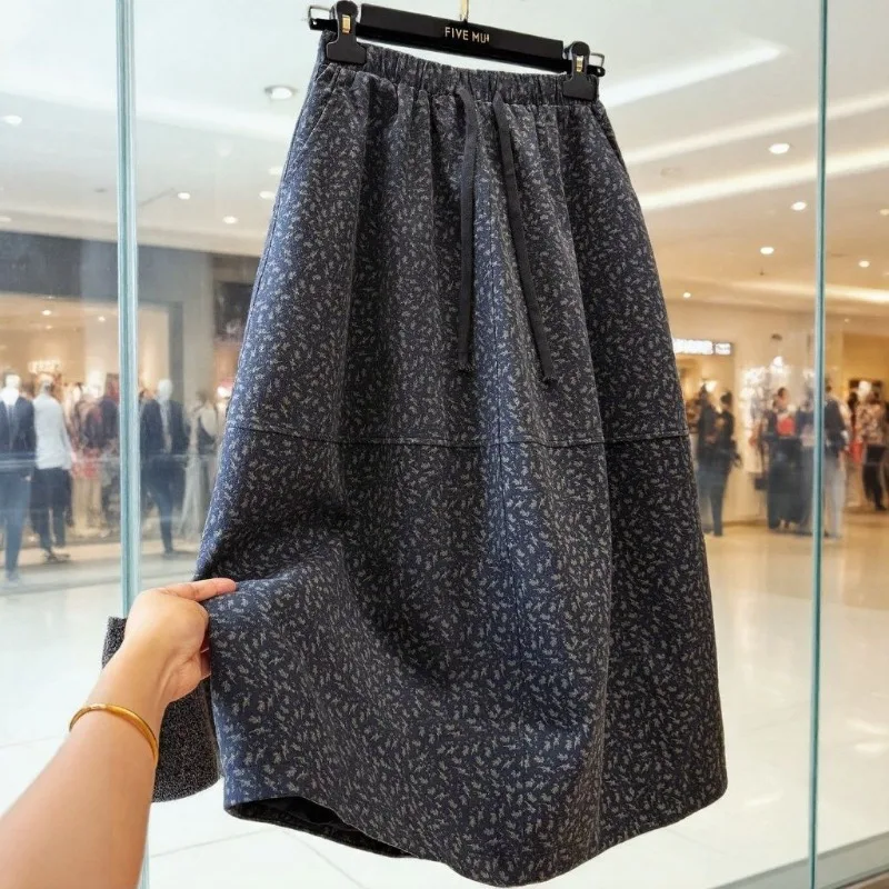 Women Korean Style Floral Midi Skirt Drawstring Waist Brushed Loose Bloom Skirt For Autumn Winter Spring