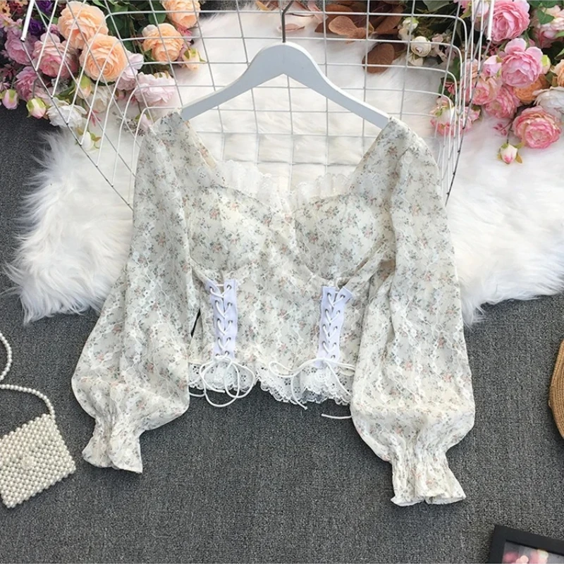2026 New Spring Sweet All-match square collar Lantern Sleeve Lace lace bandage waist slim short Shirt Top